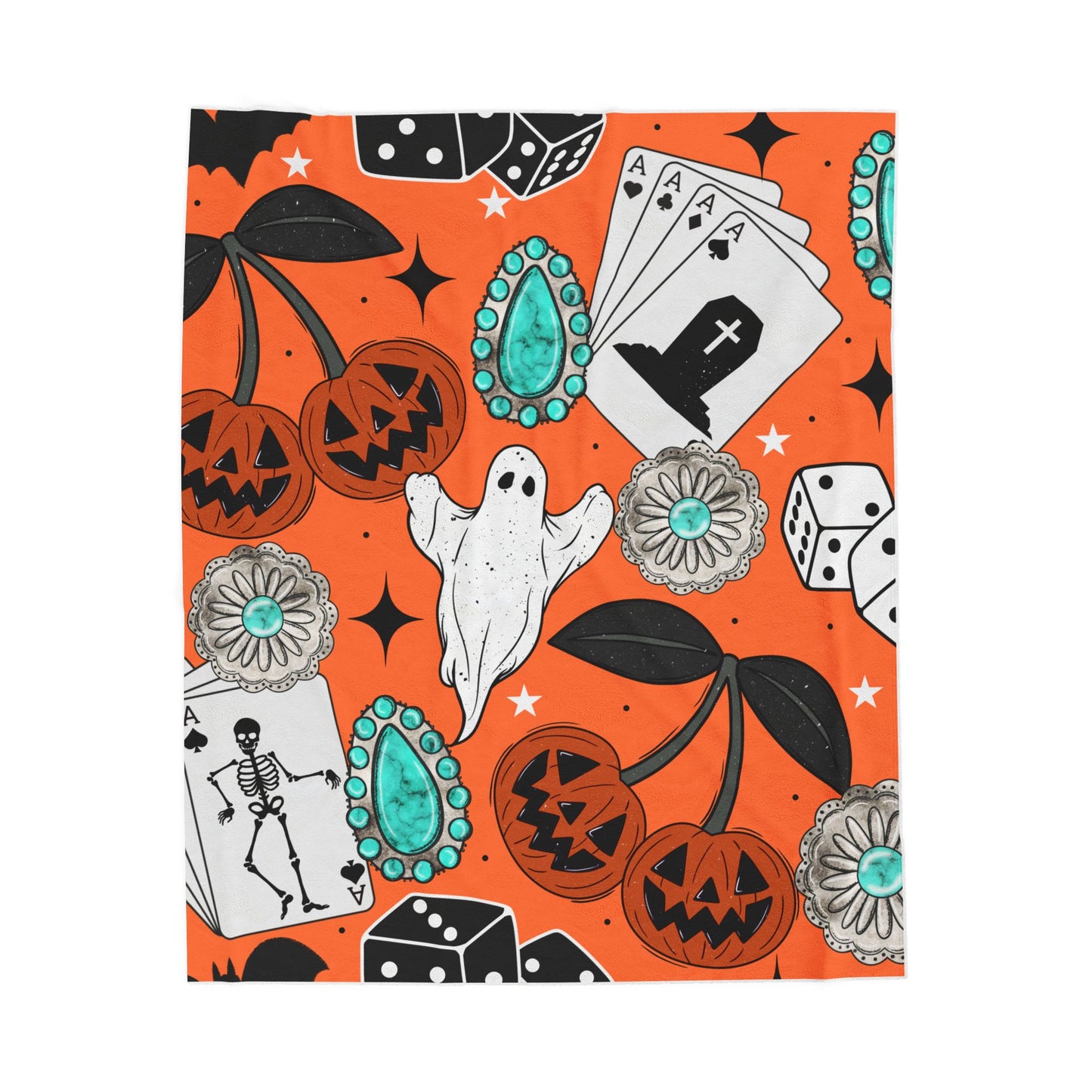 Halloween Patchwork Velveteen Plush Blanket — Spooky Ghosts, Pumpkins & Tarot Card Design