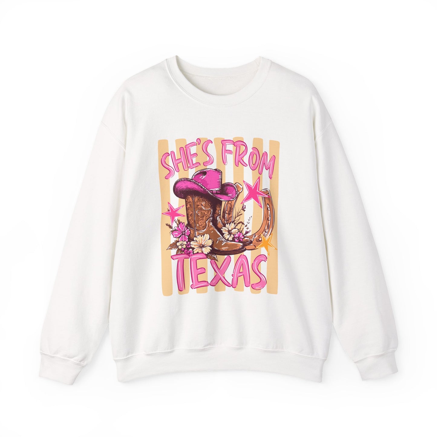 She's From Texas Crewneck Sweatshirt — Western Cowboy Boots & Hat Graphic