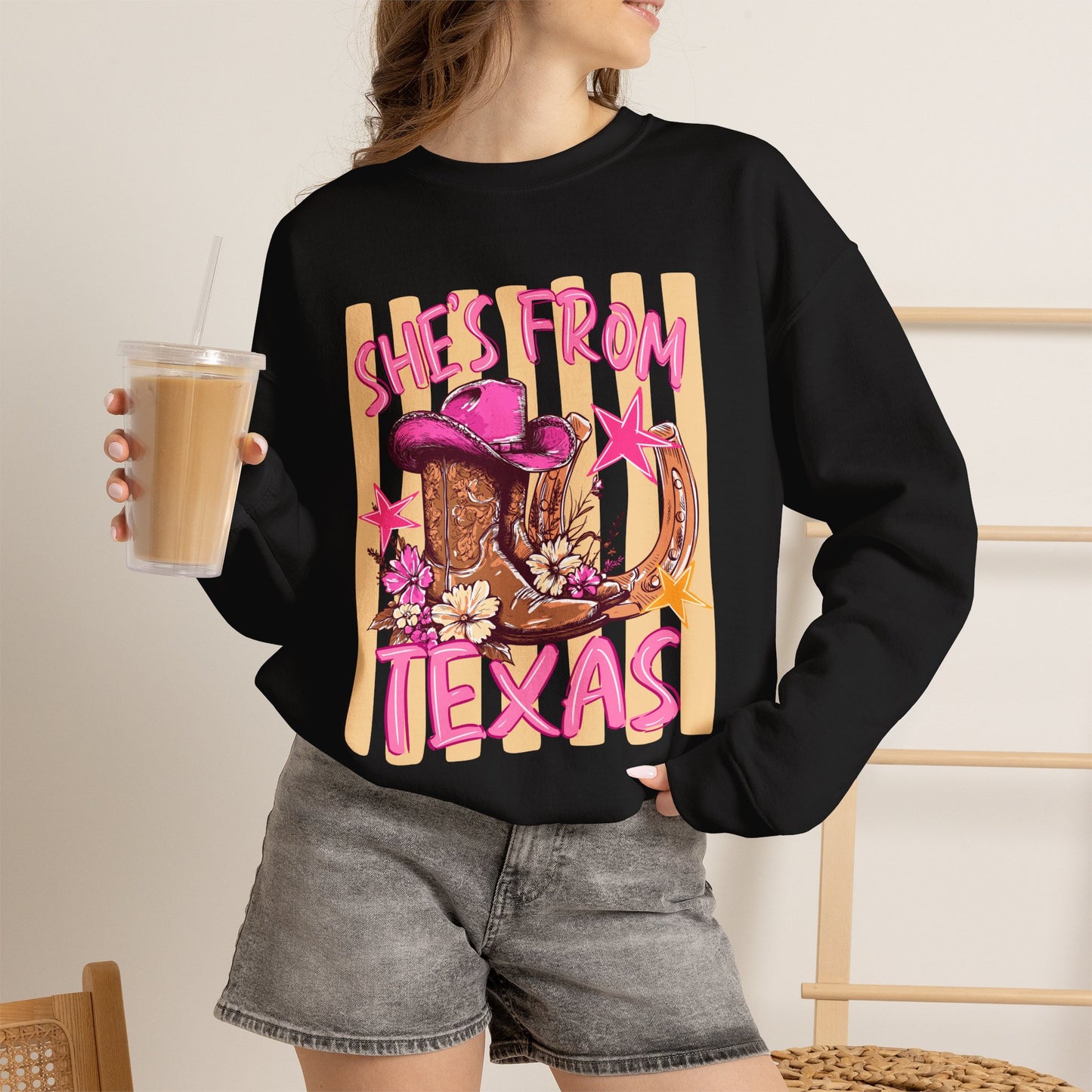 She's From Texas Crewneck Sweatshirt — Western Cowboy Boots & Hat Graphic