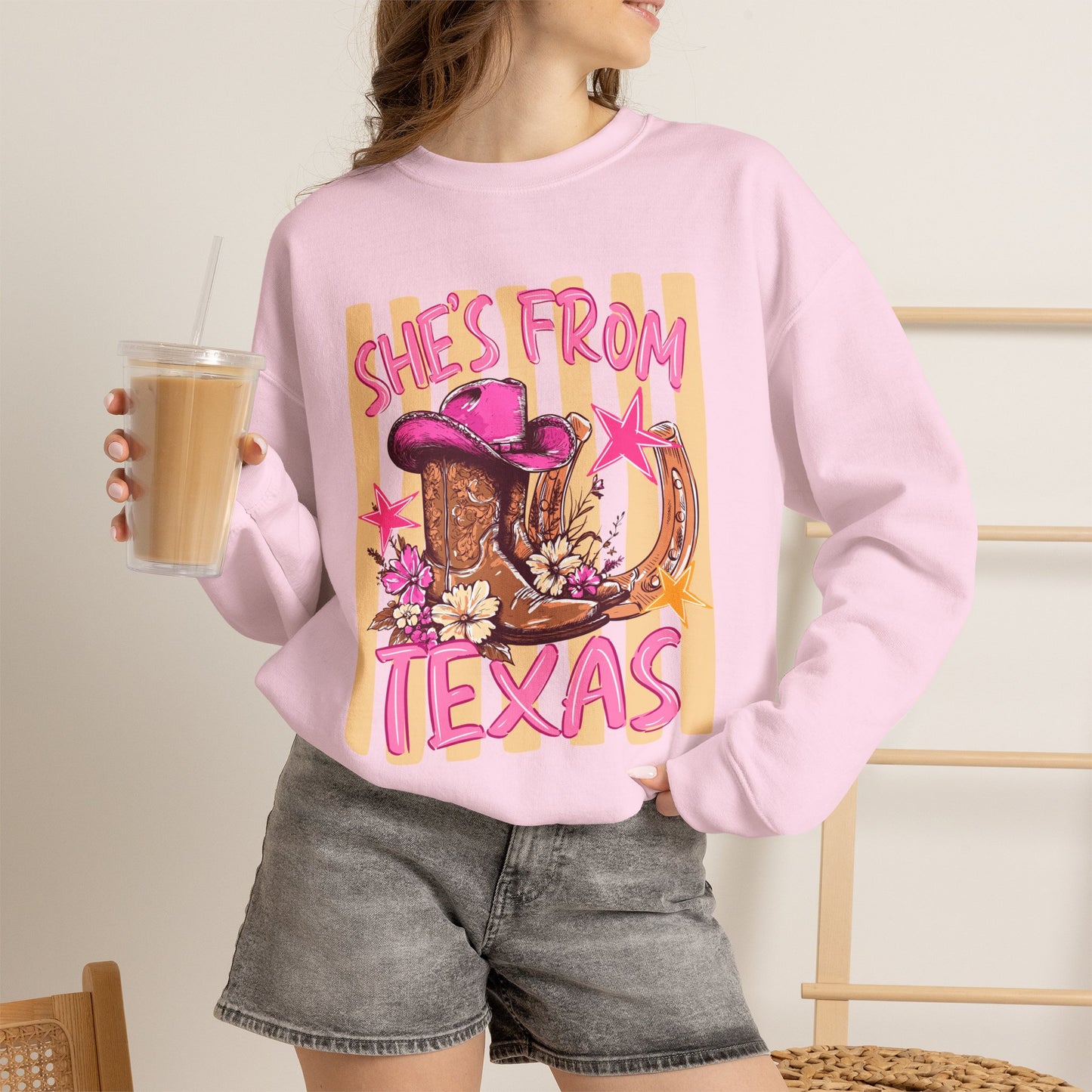 She's From Texas Crewneck Sweatshirt — Western Cowboy Boots & Hat Graphic