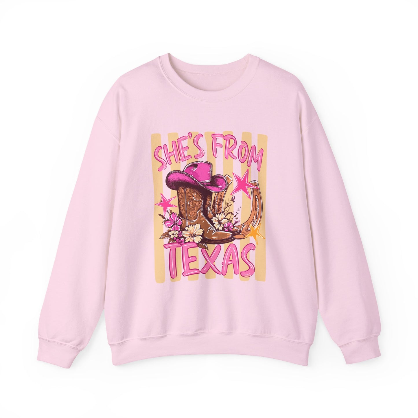 She's From Texas Crewneck Sweatshirt — Western Cowboy Boots & Hat Graphic