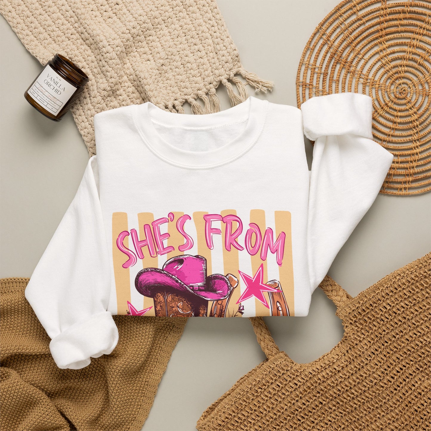 She's From Texas Crewneck Sweatshirt — Western Cowboy Boots & Hat Graphic