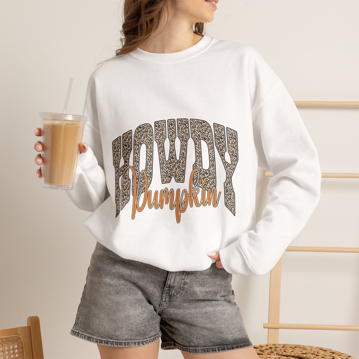 Howdy Pumpkin Crewneck Sweatshirt — Retro Leopard Fall Graphic
