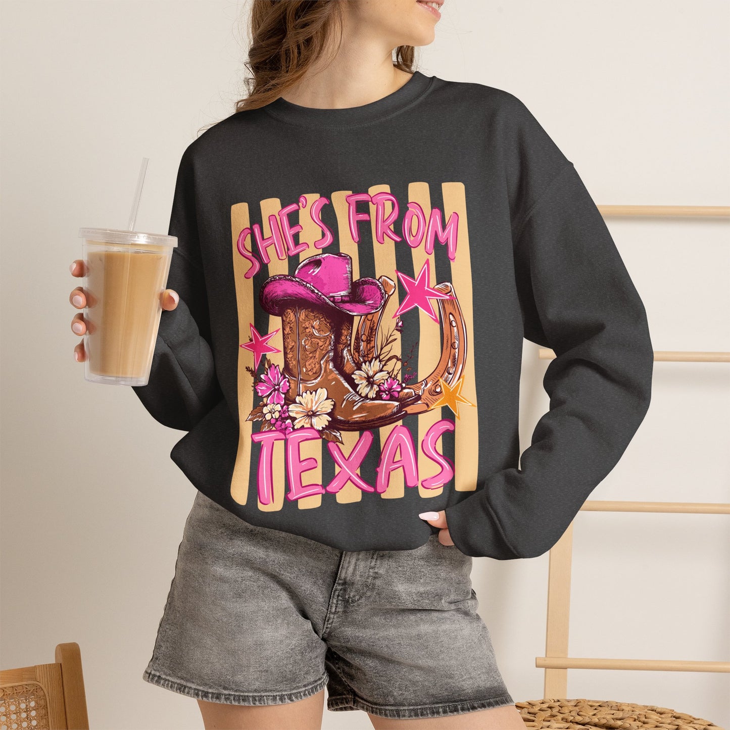 She's From Texas Crewneck Sweatshirt — Western Cowboy Boots & Hat Graphic
