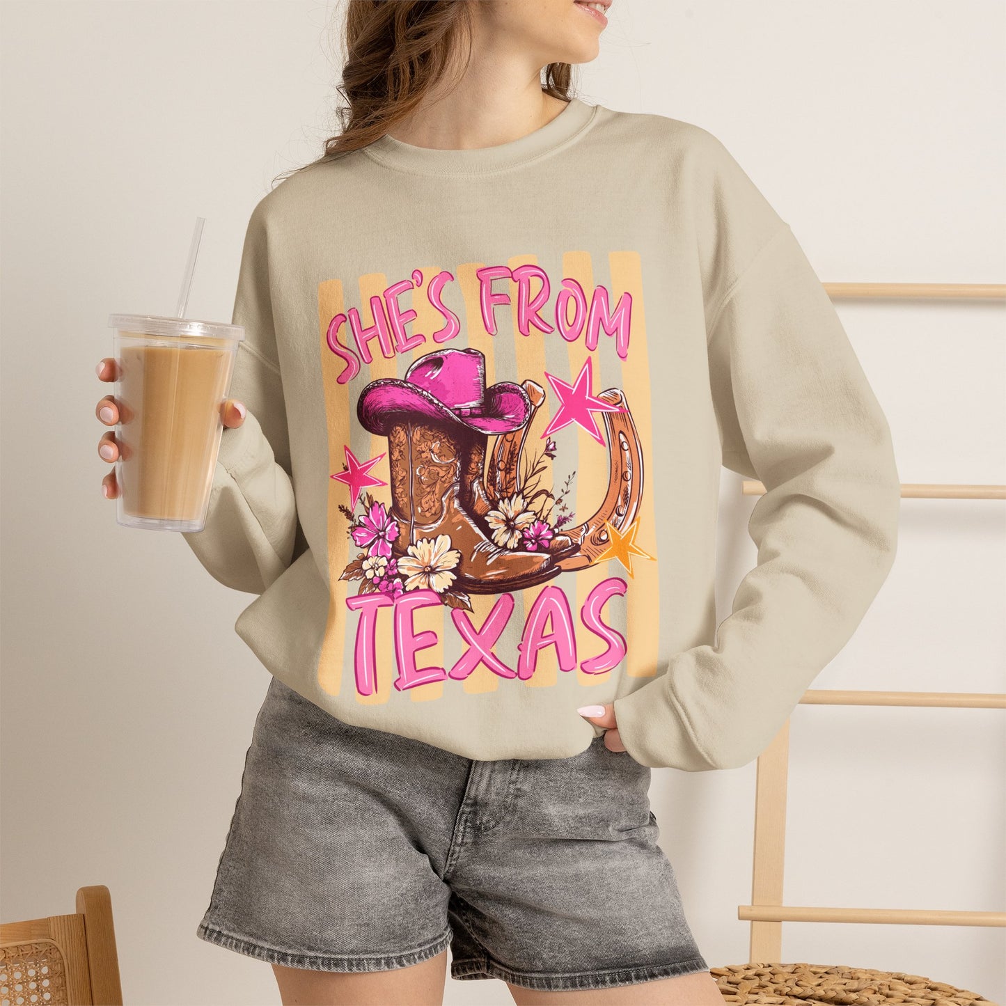 She's From Texas Crewneck Sweatshirt — Western Cowboy Boots & Hat Graphic