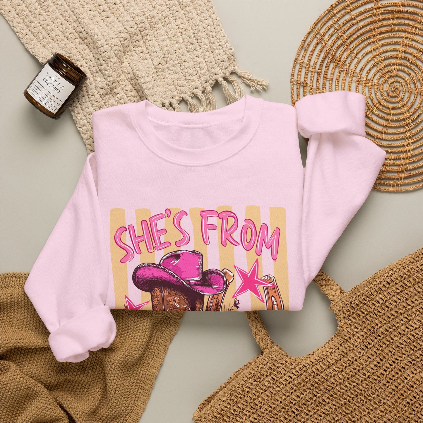 She's From Texas Crewneck Sweatshirt — Western Cowboy Boots & Hat Graphic