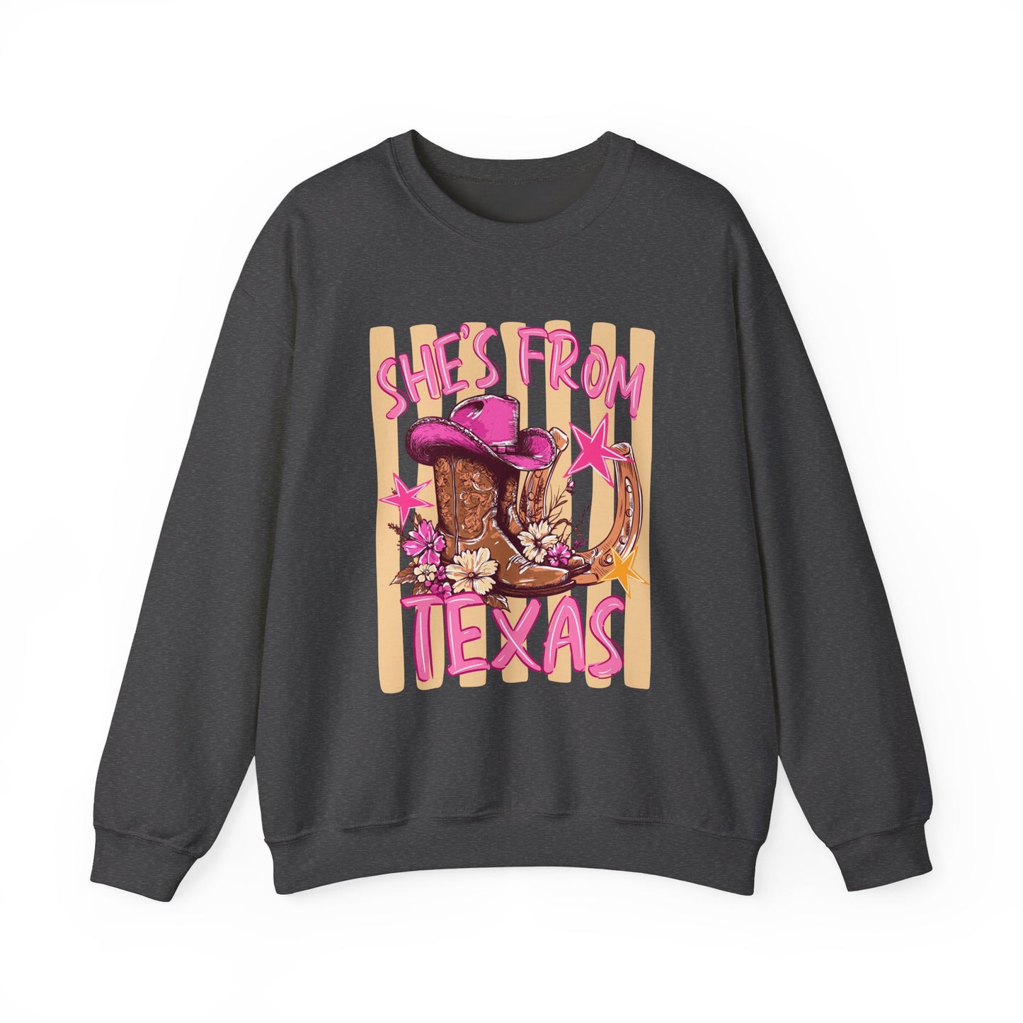 She's From Texas Crewneck Sweatshirt — Western Cowboy Boots & Hat Graphic