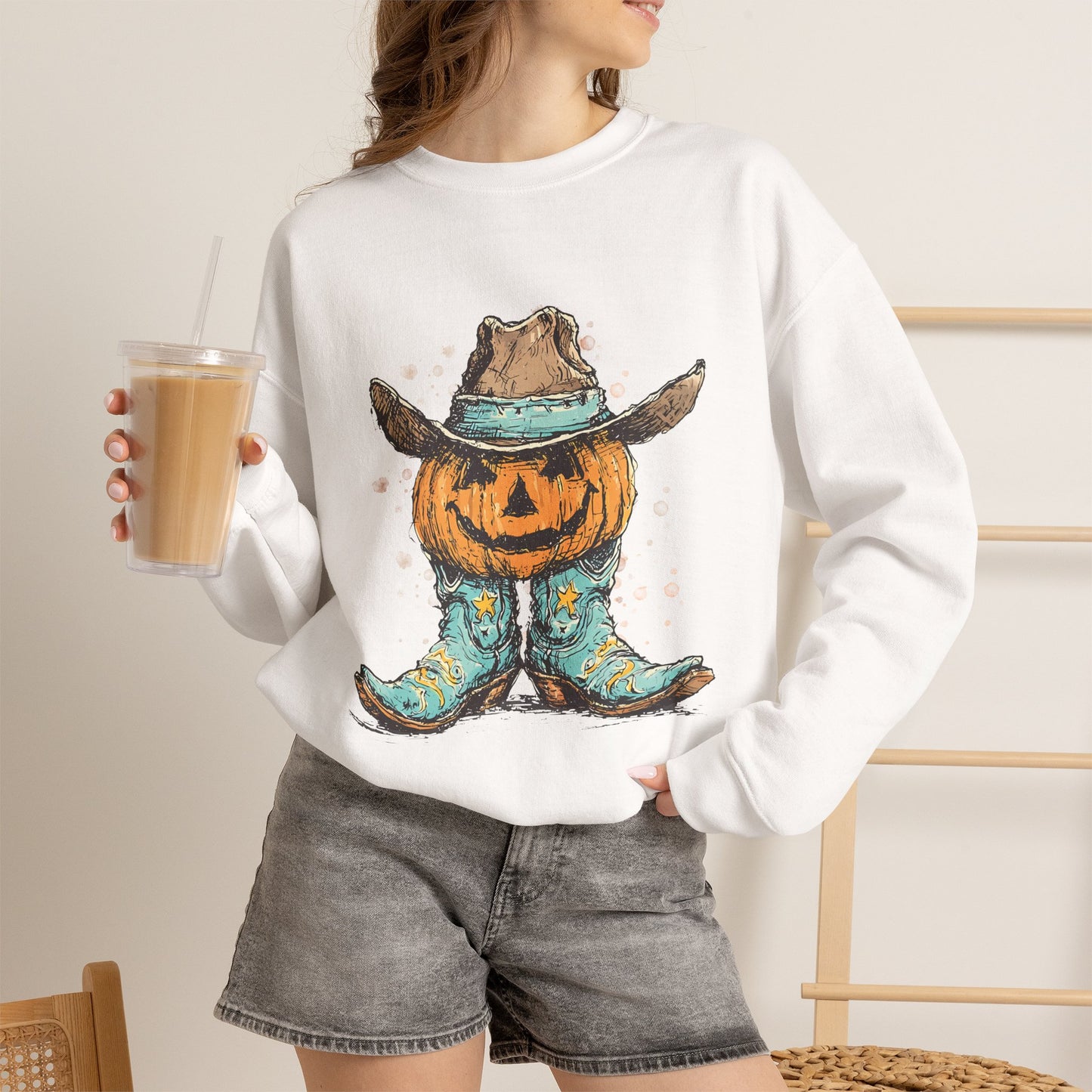 Pumpkin Cowboy Crewneck Sweatshirt — Western Halloween Pumpkin Design