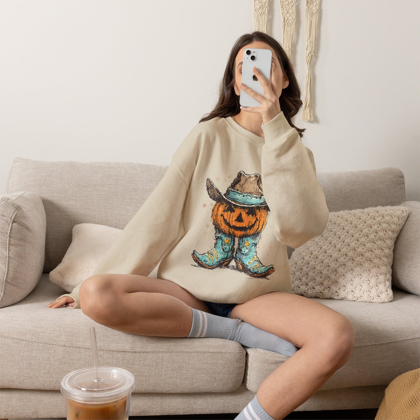 Pumpkin Cowboy Crewneck Sweatshirt — Western Halloween Pumpkin Design