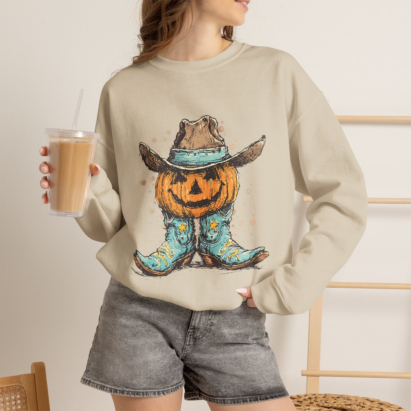 Pumpkin Cowboy Crewneck Sweatshirt — Western Halloween Pumpkin Design