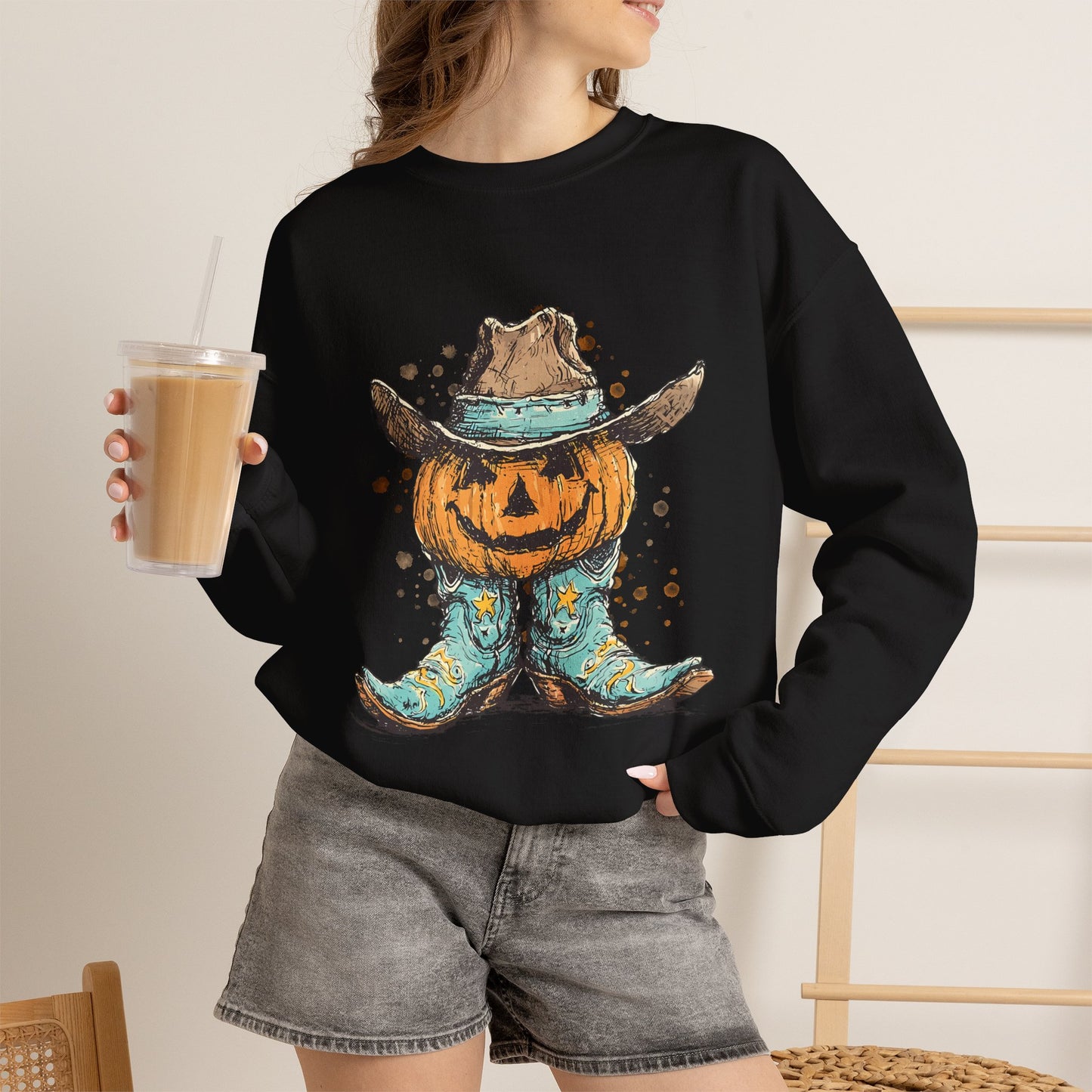 Pumpkin Cowboy Crewneck Sweatshirt — Western Halloween Pumpkin Design