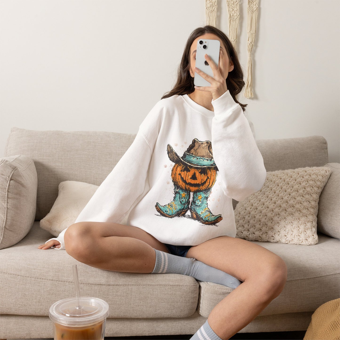 Pumpkin Cowboy Crewneck Sweatshirt — Western Halloween Pumpkin Design