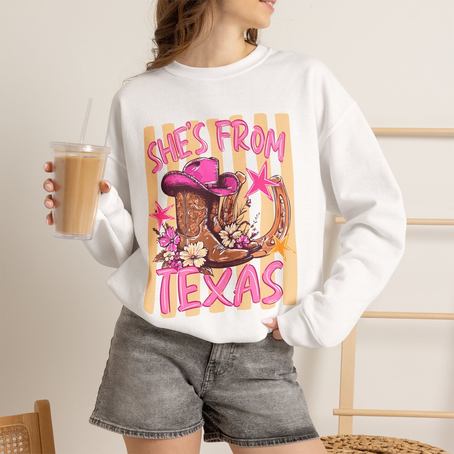 She's From Texas Crewneck Sweatshirt — Western Cowboy Boots & Hat Graphic
