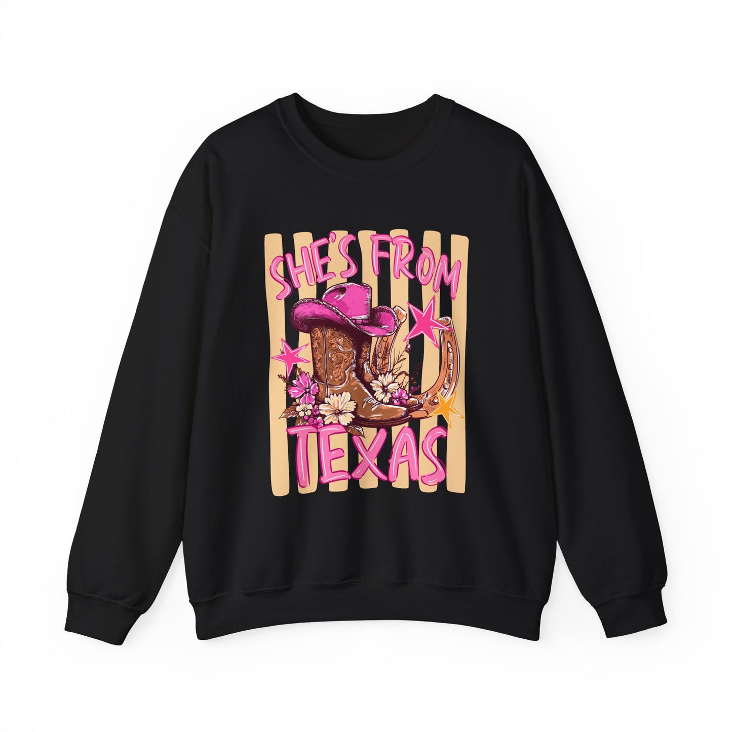 She's From Texas Crewneck Sweatshirt — Western Cowboy Boots & Hat Graphic