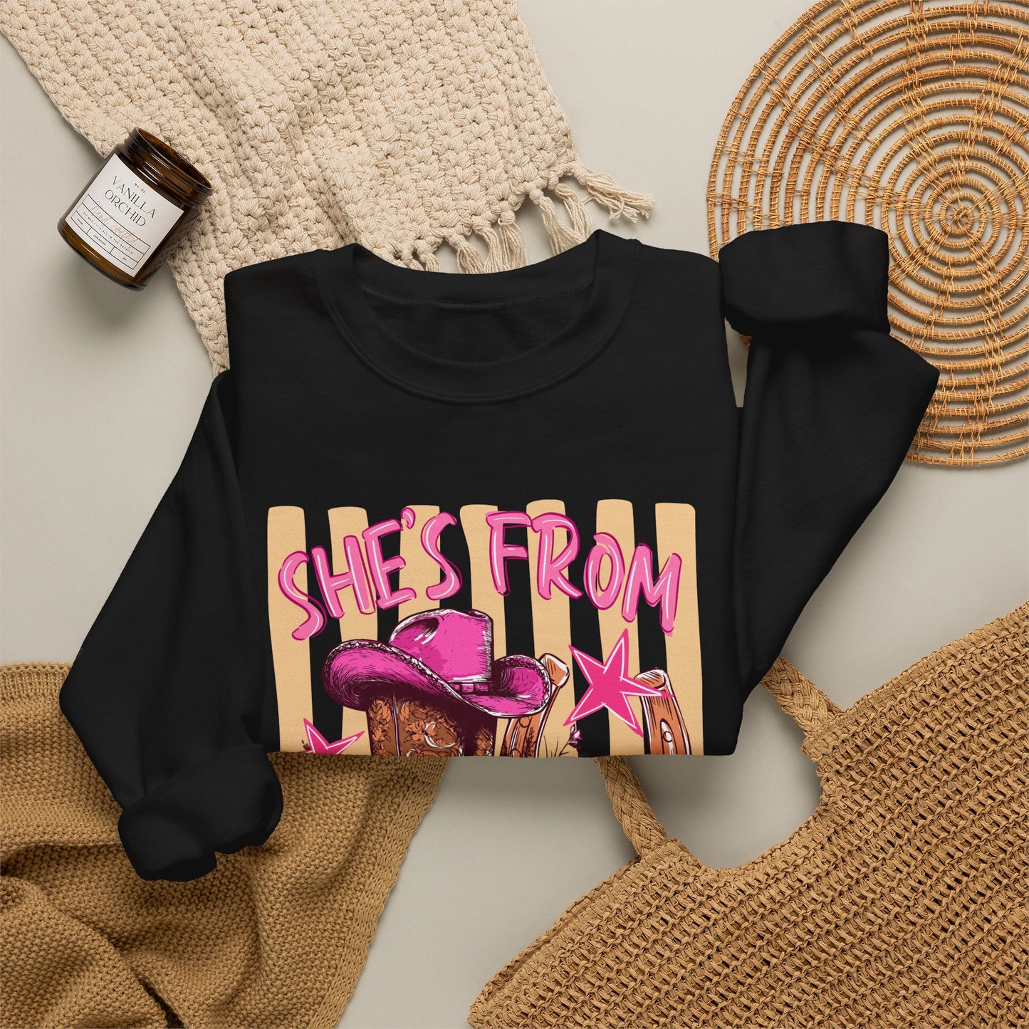 She's From Texas Crewneck Sweatshirt — Western Cowboy Boots & Hat Graphic