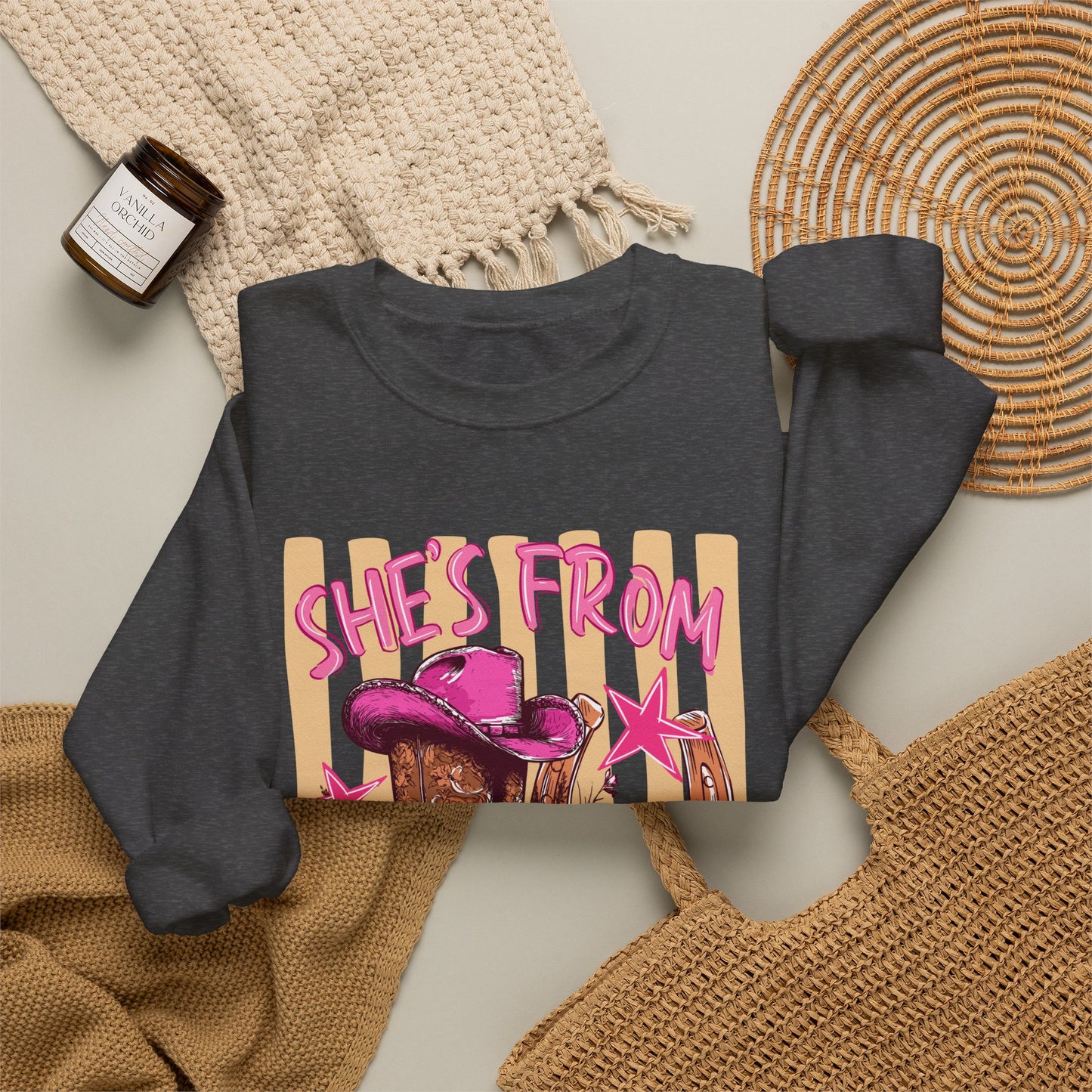 She's From Texas Crewneck Sweatshirt — Western Cowboy Boots & Hat Graphic
