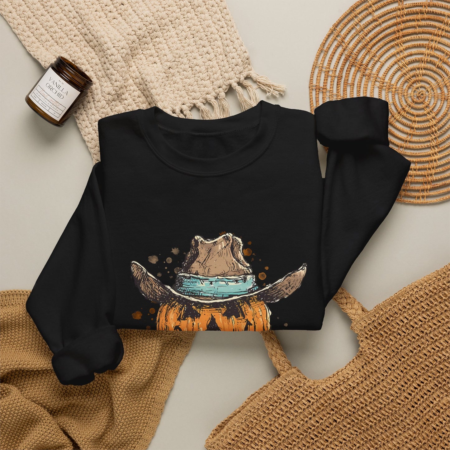 Pumpkin Cowboy Crewneck Sweatshirt — Western Halloween Pumpkin Design