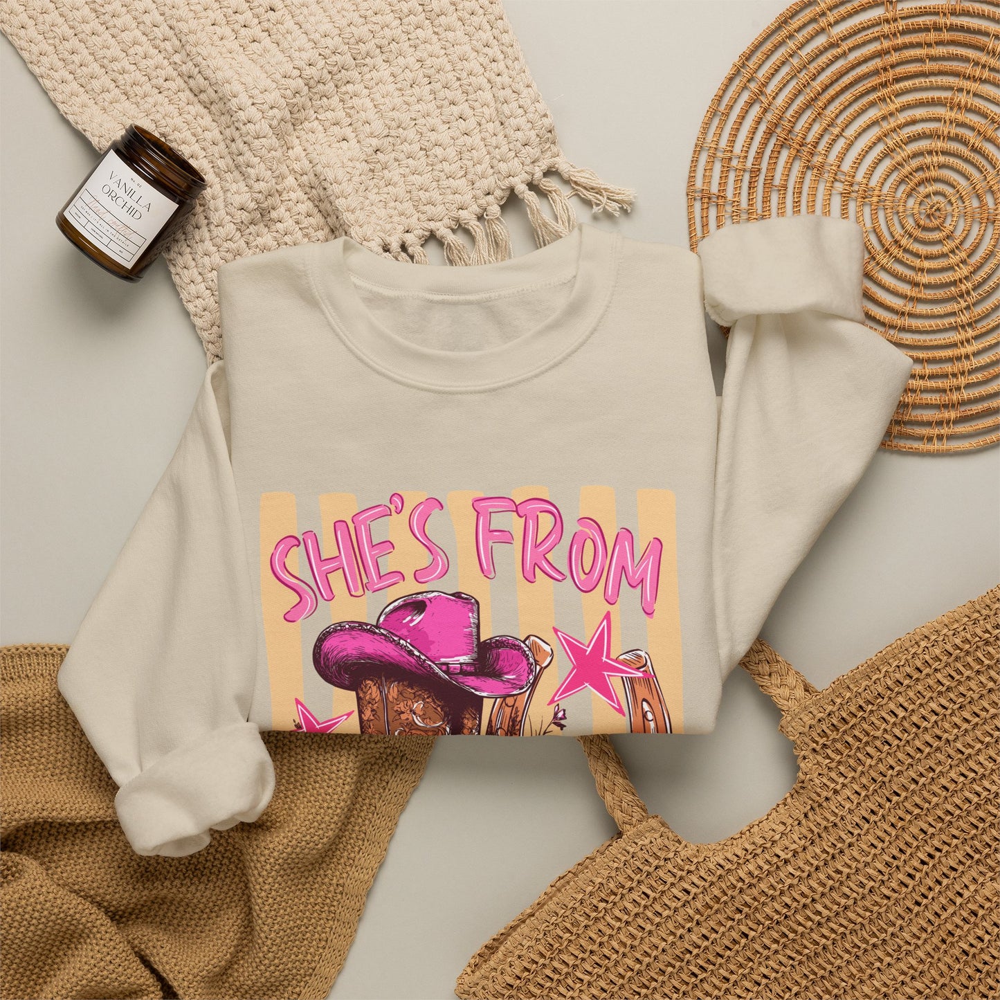 She's From Texas Crewneck Sweatshirt — Western Cowboy Boots & Hat Graphic