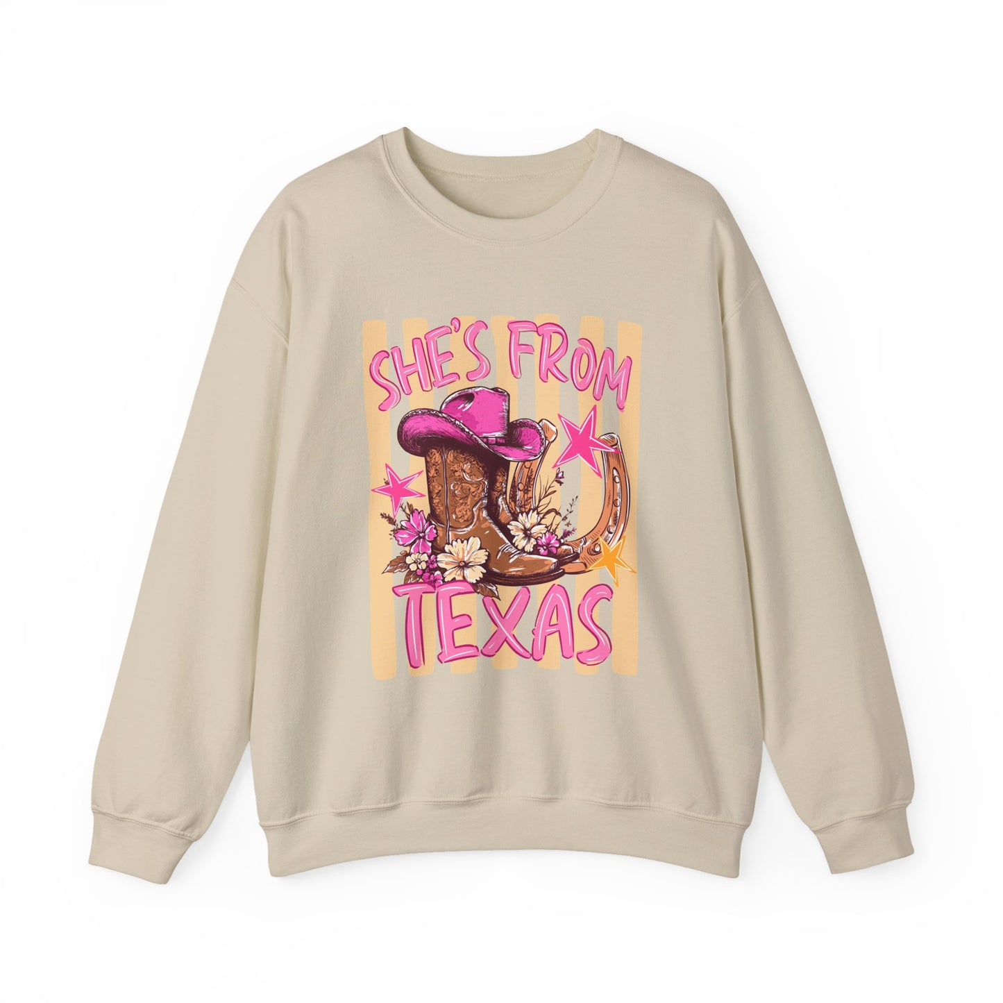 She's From Texas Crewneck Sweatshirt — Western Cowboy Boots & Hat Graphic