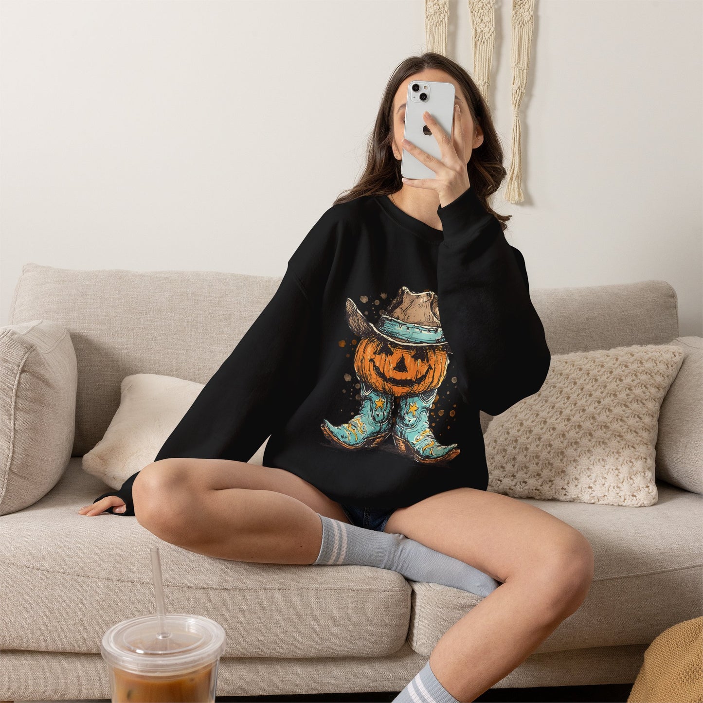 Pumpkin Cowboy Crewneck Sweatshirt — Western Halloween Pumpkin Design
