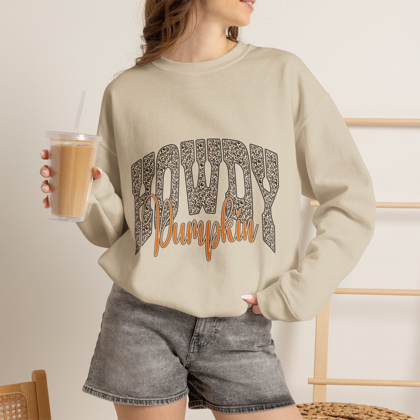 Howdy Pumpkin Crewneck Sweatshirt — Retro Leopard Fall Graphic