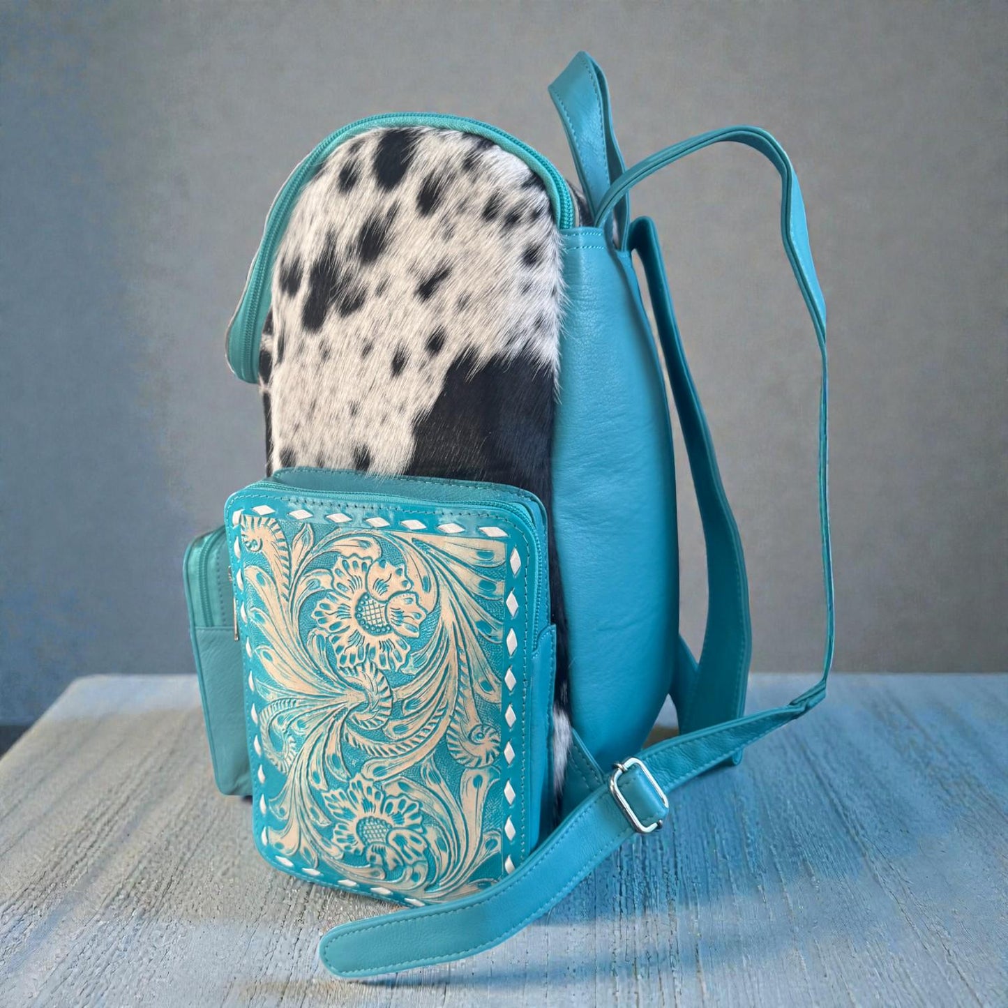 Turquoise Genuine Western Cowhide Leather Backpack Diaper Bag Personal Item carry-on luggage by Double B Wild Rags