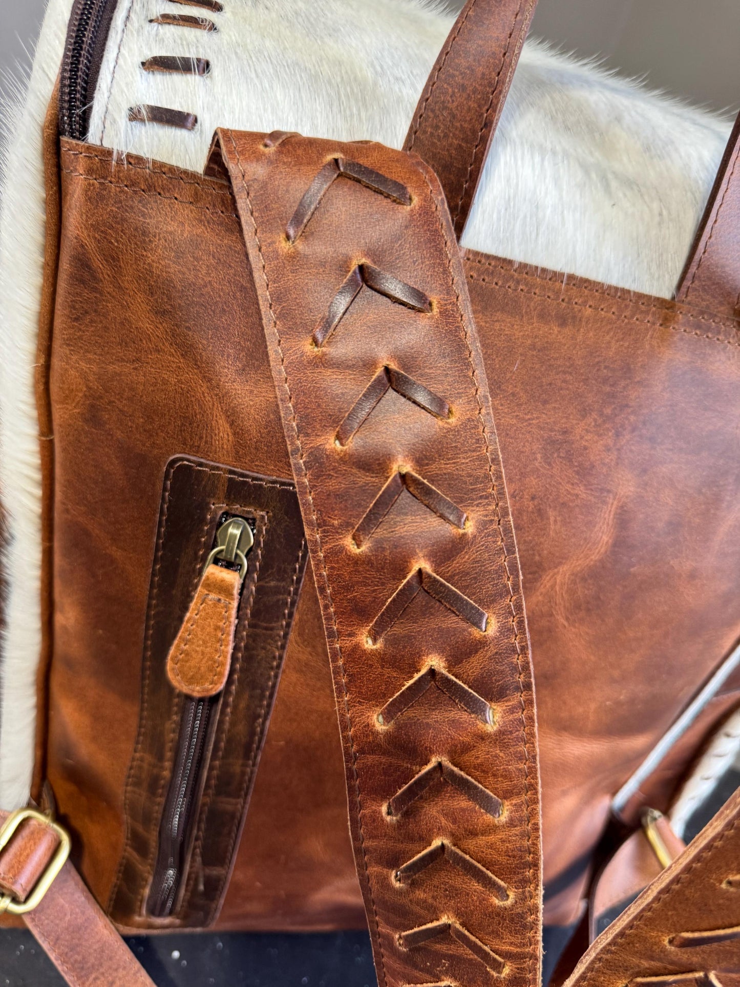 Genuine Western Cowhide Leather Backpack Diaper Bag Personal Item carry-on luggage by Double B Wild Rags